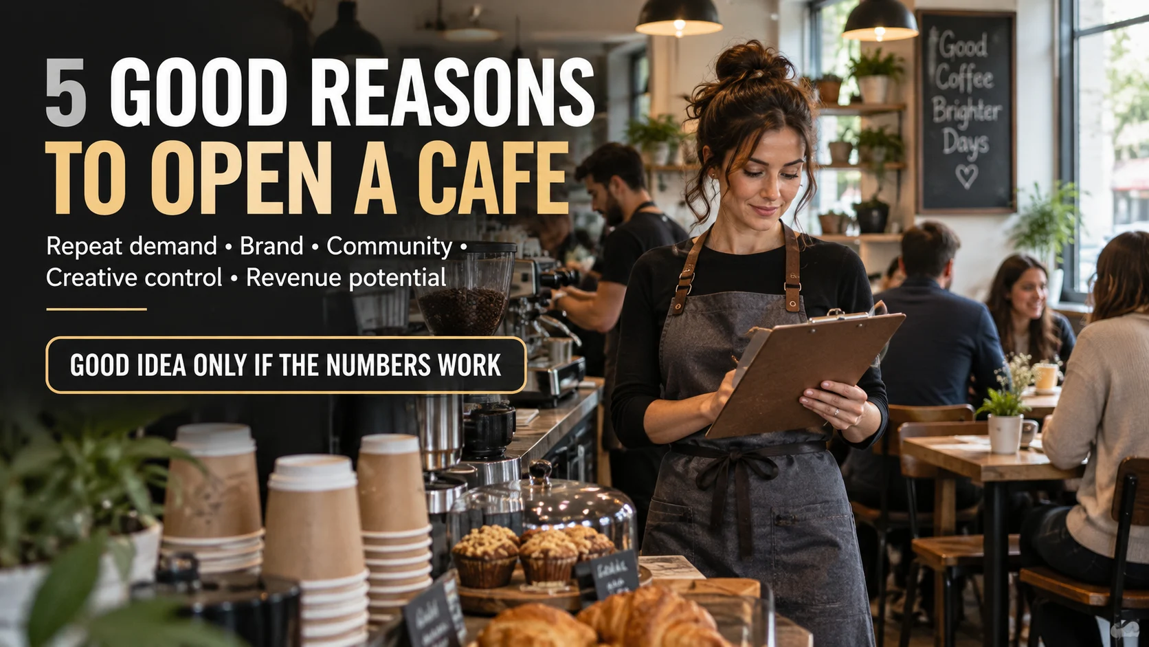 Cafe owner reviewing operations inside a busy coffee shop with headline text summarizing five reasons to open a cafe and a warning to verify the numbers.