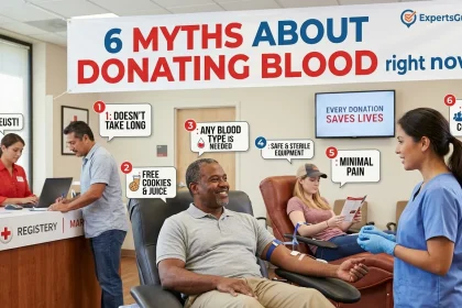 A 16:9 photographic infographic feature image set inside a brightly lit, modern American blood donation center. Hanging overhead is a banner reading "6 MYTHS ABOUT DONATING BLOOD right now" alongside the ExpertsGuys.com logo. A smiling, middle-aged Black man reclines in a leather donation chair while a friendly female nurse in blue scrubs speaks with him. Around the room, numbered speech bubbles address common myths: 1: DOESN'T TAKE LONG, 2: FREE COOKIES & JUICE, 3: ANY BLOOD TYPE IS NEEDED, 4: SAFE & STERILE EQUIPMENT, 5: MINIMAL PAIN, and 6: IMPACTS YOUR COMMUNITY. A registry counter and another donor are visible in the background.
