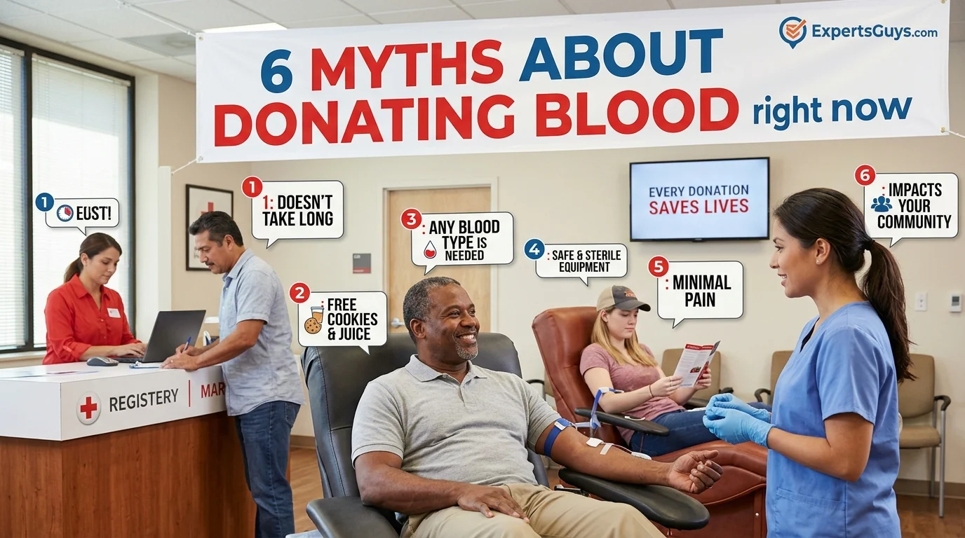A 16:9 photographic infographic feature image set inside a brightly lit, modern American blood donation center. Hanging overhead is a banner reading "6 MYTHS ABOUT DONATING BLOOD right now" alongside the ExpertsGuys.com logo. A smiling, middle-aged Black man reclines in a leather donation chair while a friendly female nurse in blue scrubs speaks with him. Around the room, numbered speech bubbles address common myths: 1: DOESN'T TAKE LONG, 2: FREE COOKIES & JUICE, 3: ANY BLOOD TYPE IS NEEDED, 4: SAFE & STERILE EQUIPMENT, 5: MINIMAL PAIN, and 6: IMPACTS YOUR COMMUNITY. A registry counter and another donor are visible in the background.