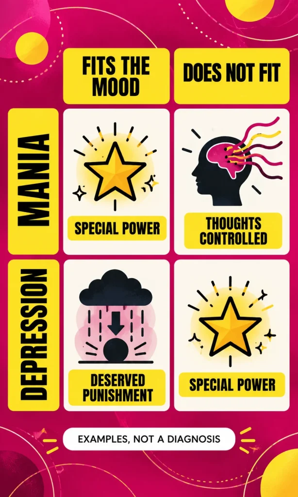 Four labeled examples comparing psychotic themes in manic and depressive episodes.