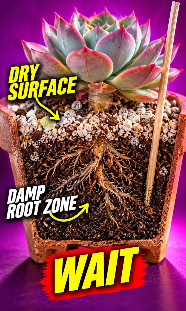 Cutaway of a succulent pot showing dry surface grit above damp mix near roots.