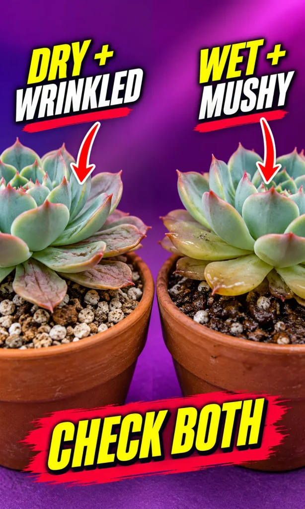 Visual comparison of mildly wrinkled succulent leaves with dry mix and mushy leaves with wet mix.