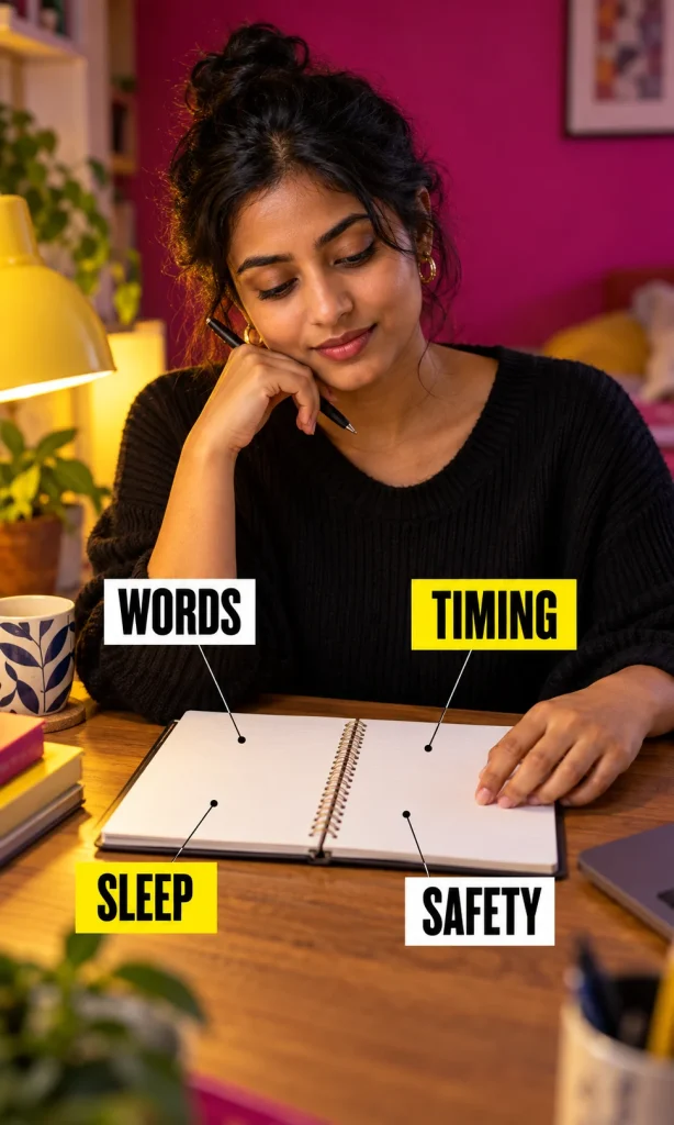 Adult preparing notes on sleep, timeline, exact wording, and safety questions for a clinician.