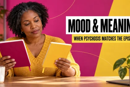 Woman holding two blank notebooks beside the words “Mood & Meaning” and “When psychosis matches the episode.”