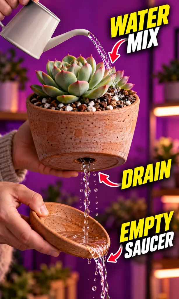 Succulent in draining pot watered at the mix, with excess runoff emptied from its saucer.