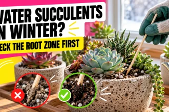 Hand tests dry potting mix beside an indoor echeveria in winter; headline says check the soil first.