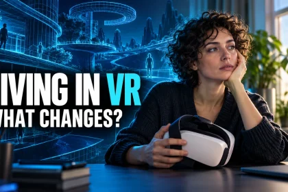 Woman holds a VR headset after use beside a window, with a blue virtual world illustrated behind her.