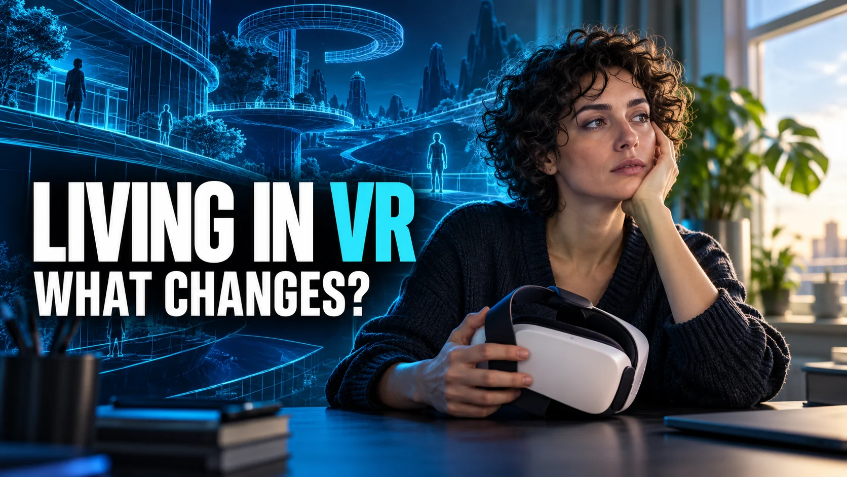 Woman holds a VR headset after use beside a window, with a blue virtual world illustrated behind her.