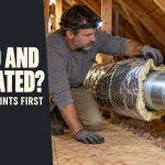 Technician in an attic inspecting a metal AC duct joint beneath foil-faced insulation.