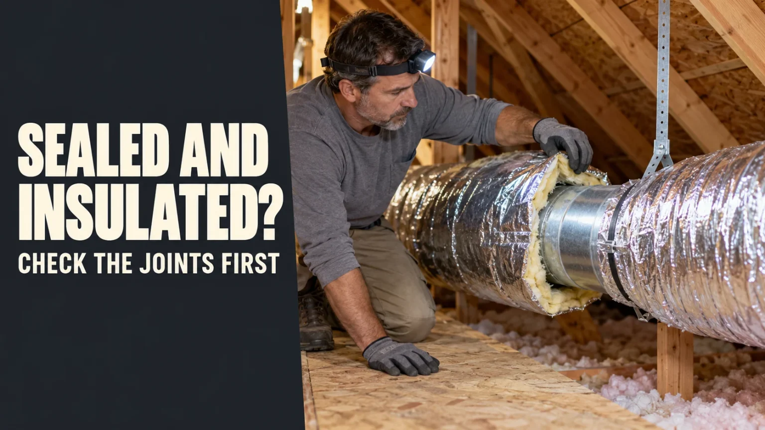 Technician in an attic inspecting a metal AC duct joint beneath foil-faced insulation.