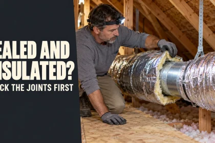 Technician in an attic inspecting a metal AC duct joint beneath foil-faced insulation.