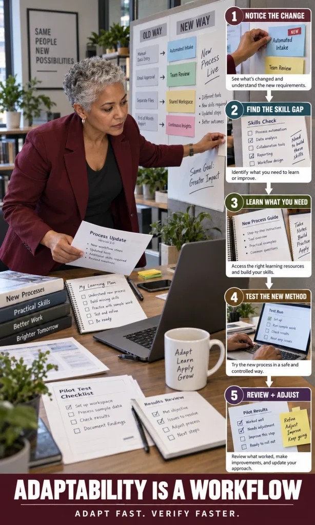 Professional following a sequence of noticing workplace change, identifying a learning gap, testing a new method and reviewing the result.