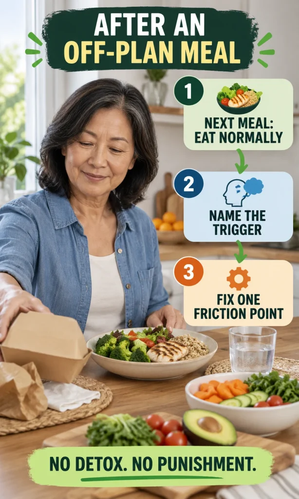 Older East Asian woman returning to a balanced meal after takeout, with three recovery steps: eat normally next meal, name the trigger and fix one friction point.