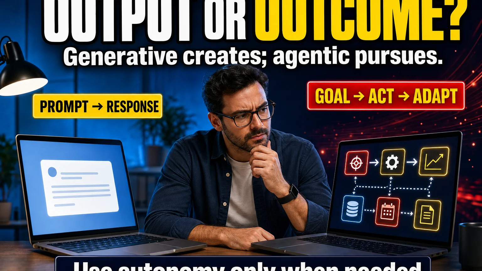 Split editorial scene comparing a person reviewing a generated AI response with an AI workflow that plans, uses tools and adapts toward an outcome