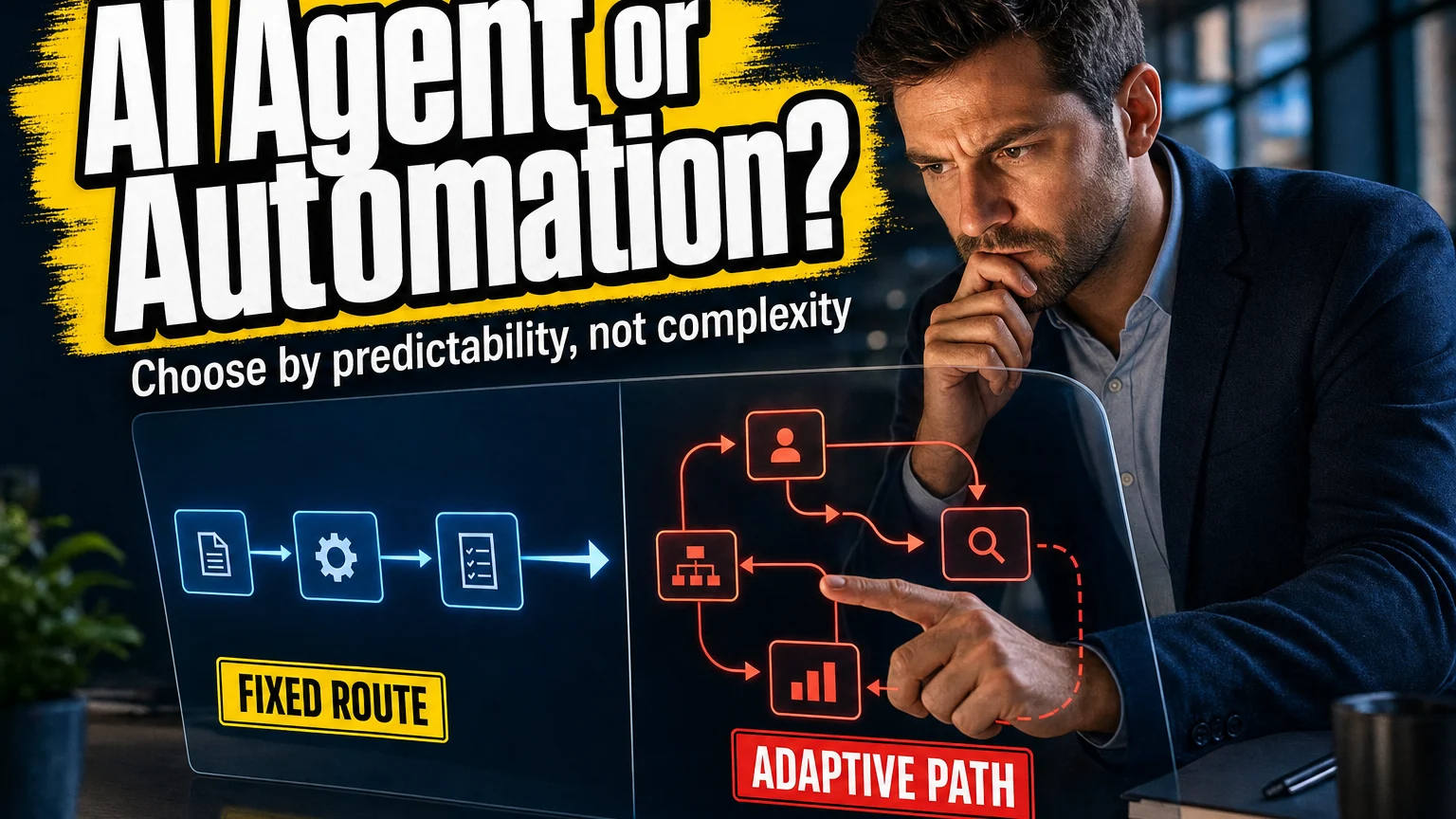 Business professional comparing a fixed workflow route with an adaptive AI agent path on a digital screen, illustrating that predictability determines which approach to use.