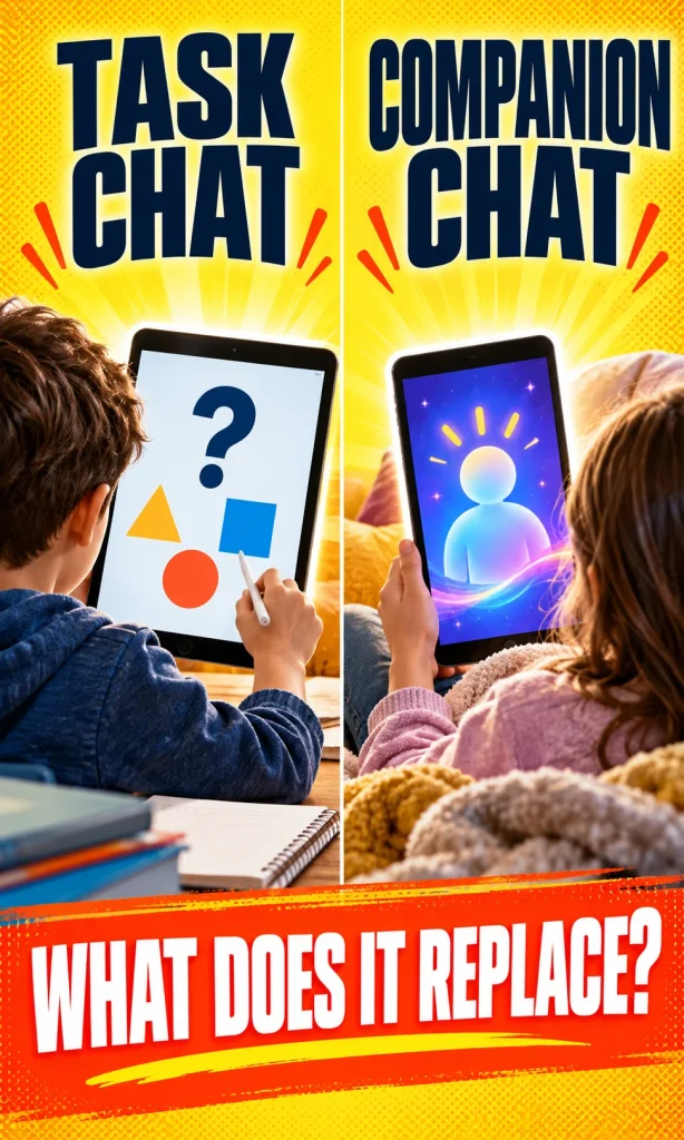 Comparison of a brief learning chat and an ongoing AI companion chat, with prompts to check purpose and effect.
