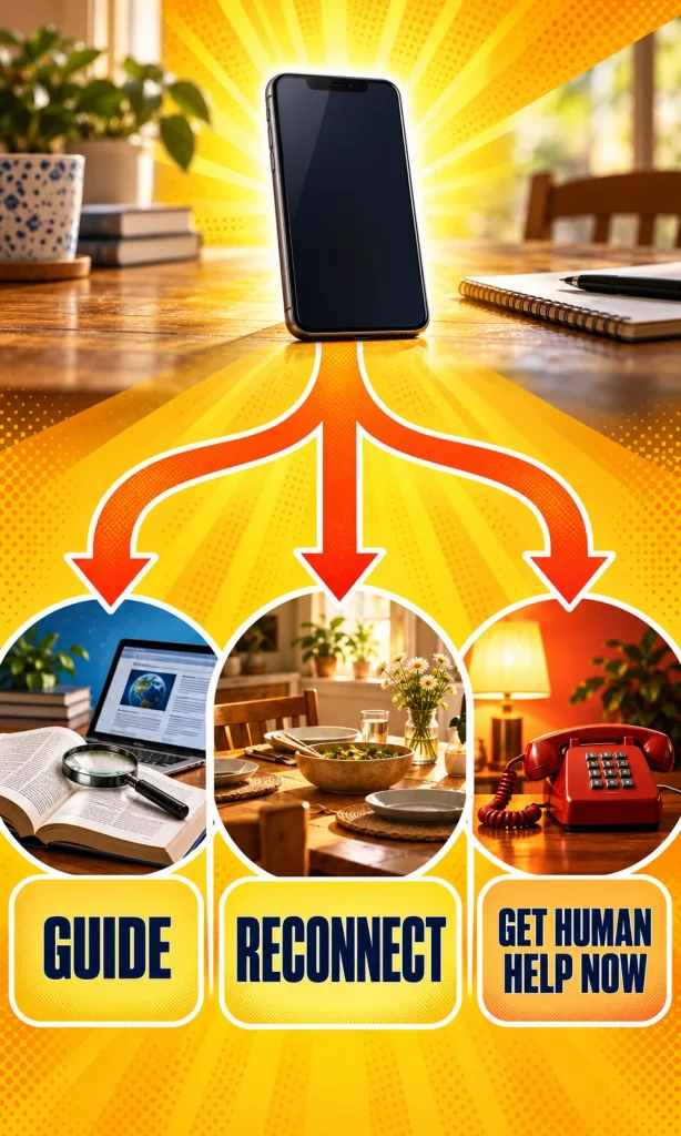 Decision path for parents: guide ordinary use, reconnect when daily life is affected, and seek immediate human help for danger.