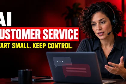 Customer-service professional wearing a headset and reviewing a laptop under the words AI Customer Service.