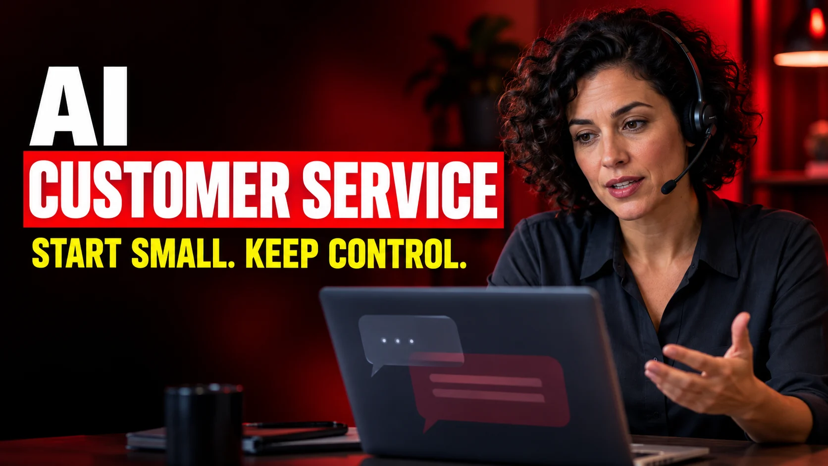 Customer-service professional wearing a headset and reviewing a laptop under the words AI Customer Service.