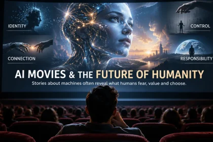 A cinema audience watches a futuristic humanoid AI on screen with labels for identity, connection, control and responsibility.