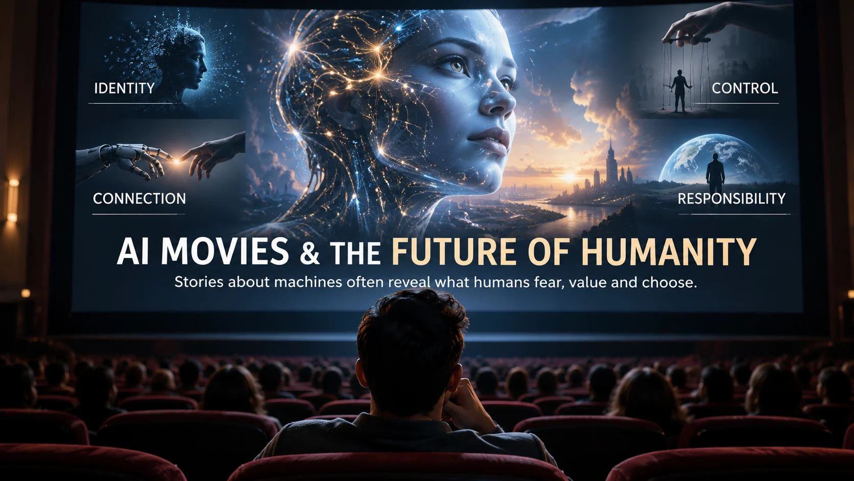 A cinema audience watches a futuristic humanoid AI on screen with labels for identity, connection, control and responsibility.