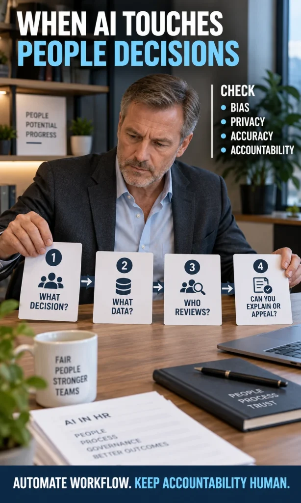 HR leader reviewing four governance checkpoints for AI-influenced people decisions: decision, data, reviewer and explainability or appeal.
