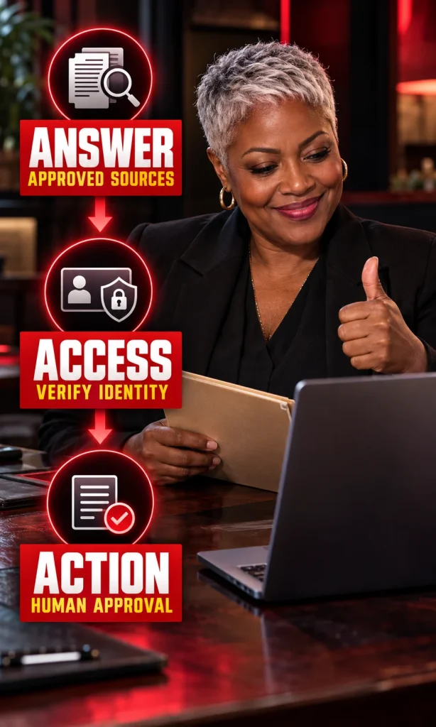 Three stages distinguish a public answer, an authenticated lookup, and a human-approved account action.