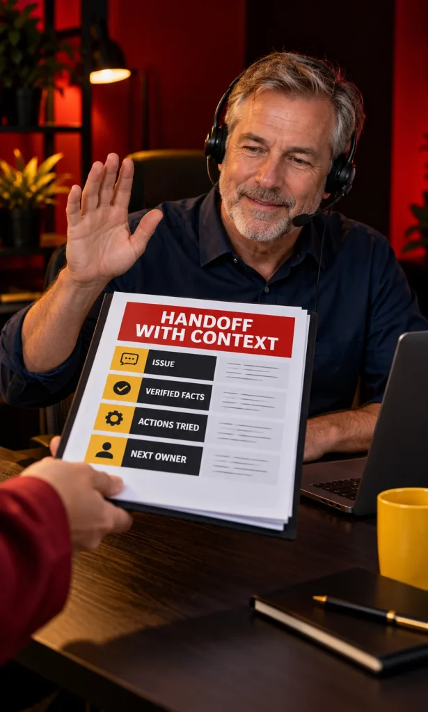 A support specialist receives a handoff containing the issue, verified facts, attempted actions, and next owner.