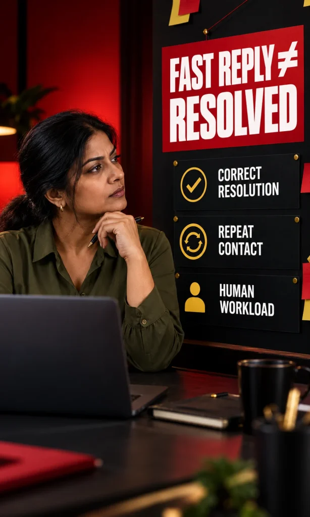 A service manager checks correct resolution, repeat contacts, and human workload alongside response speed.