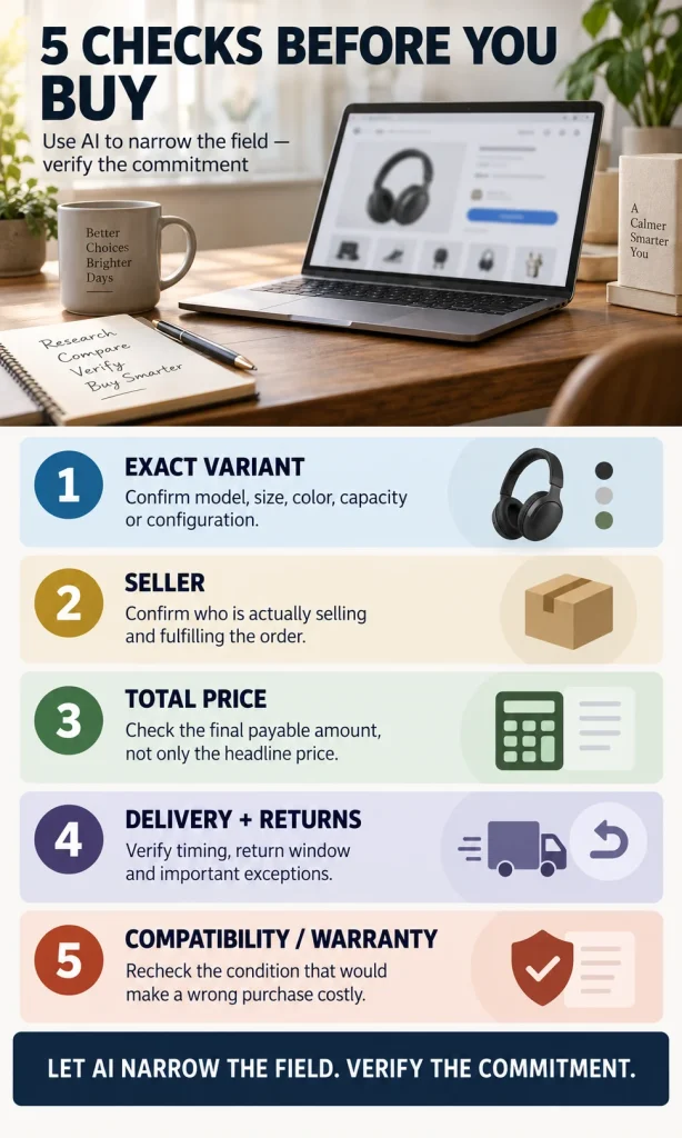 Five-step pre-purchase checklist for verifying variant, seller, total price, delivery and returns, compatibility and warranty after an AI recommendation.