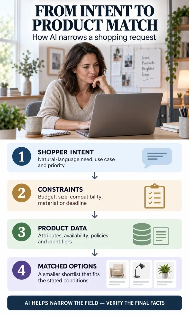 Four-step visual showing shopper intent and constraints being matched against product data to create a smaller set of AI shopping options.