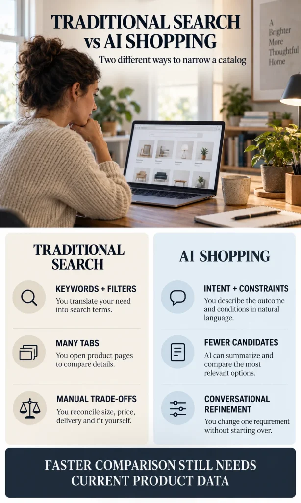Side-by-side comparison of traditional keyword shopping and AI shopping based on intent, constraints and conversational refinement.