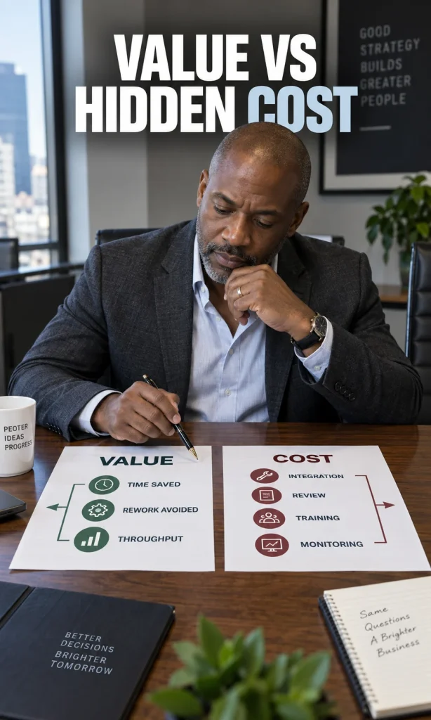 Business executive comparing AI workflow benefits with integration, review and monitoring costs.