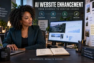 Web strategist using AI-assisted website analytics with a workflow from evidence to tested website improvement.