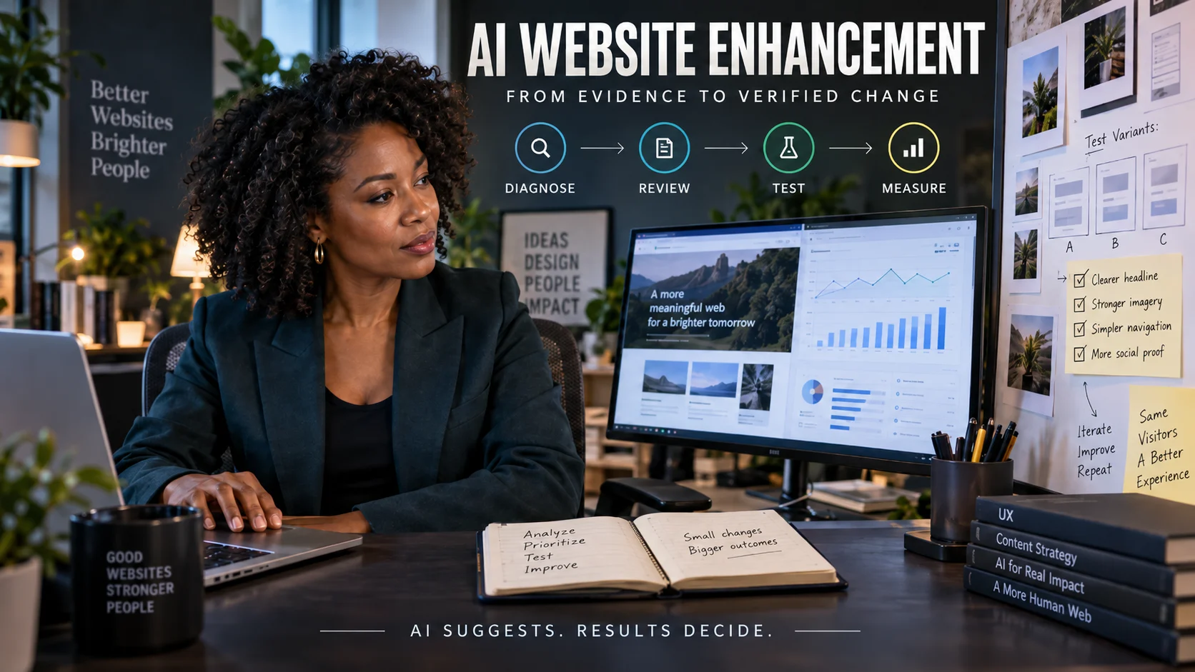 Web strategist using AI-assisted website analytics with a workflow from evidence to tested website improvement.