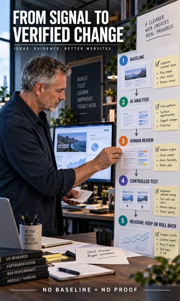 AI-assisted website improvement workflow moving from baseline evidence through AI analysis, human review, controlled experiment and measured result.