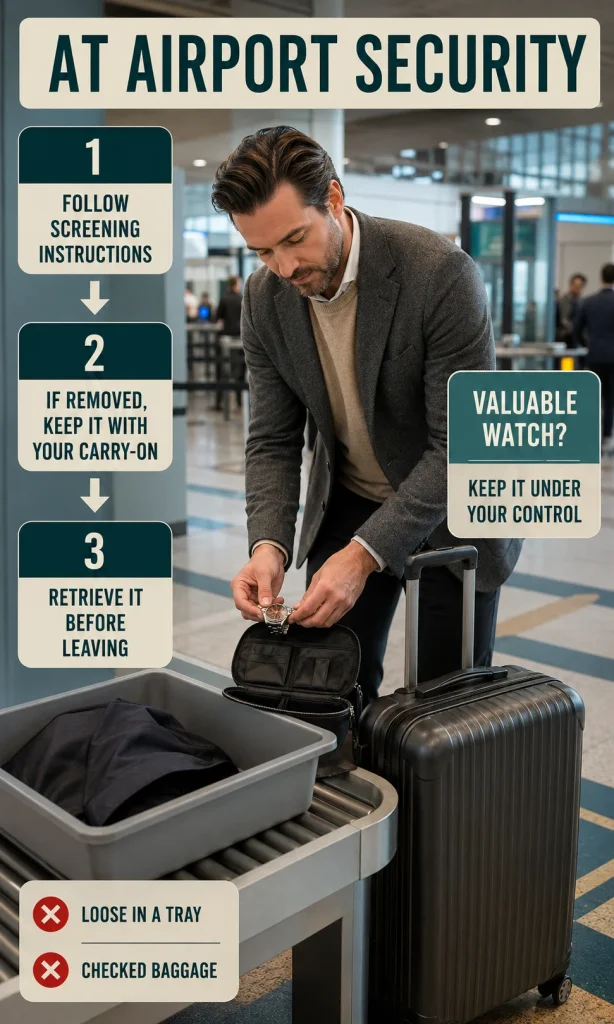 Traveler carefully handling a wristwatch at airport security with three steps for keeping the watch with carry-on belongings.