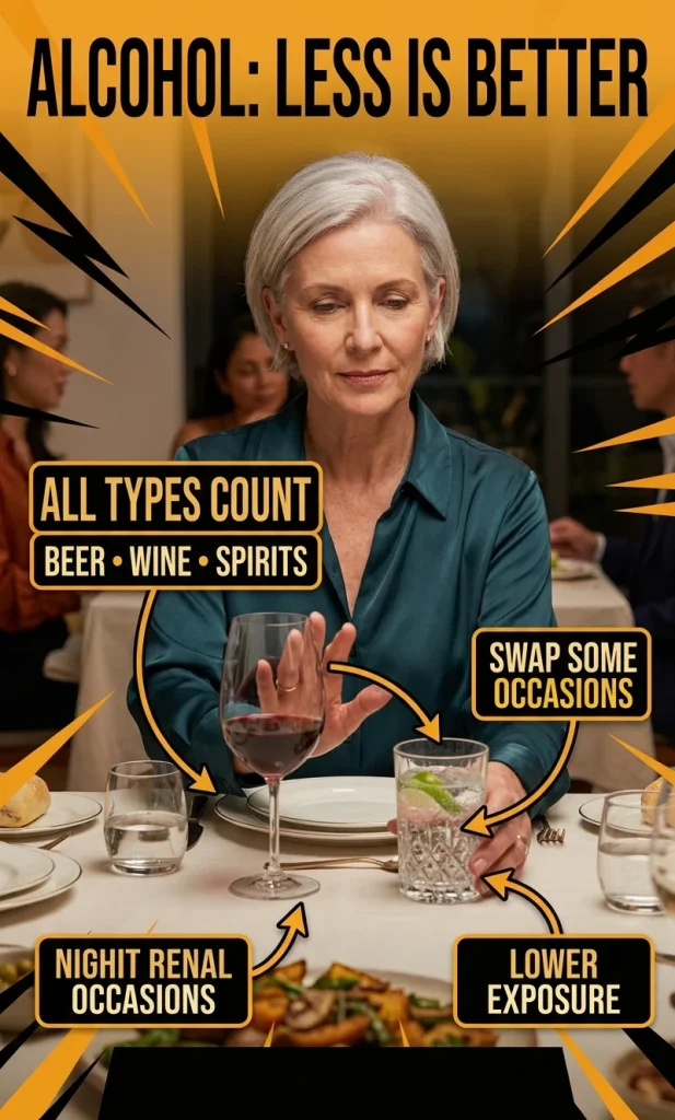 Woman choosing sparkling water instead of wine with callouts explaining that alcohol is the clearest dietary factor to reduce for breast cancer risk.