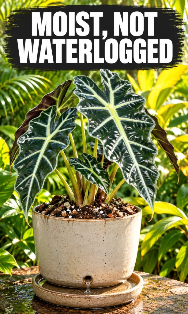 Alocasia Polly in perlite-amended potting mix with water leaving a drainage hole