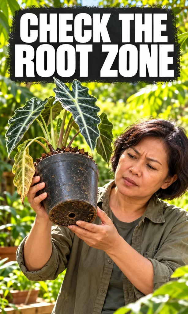 Woman lifting an Alocasia Polly pot with one drooping leaf to inspect its drainage hole