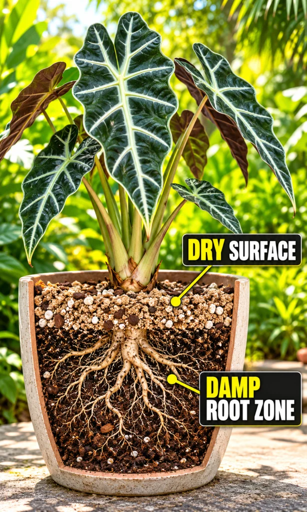 Cutaway of an Alocasia Polly pot showing dry upper soil and a damp root zone