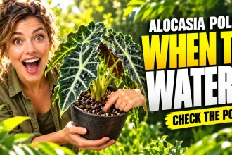 Gardener lifting an Alocasia Polly pot and checking its soil