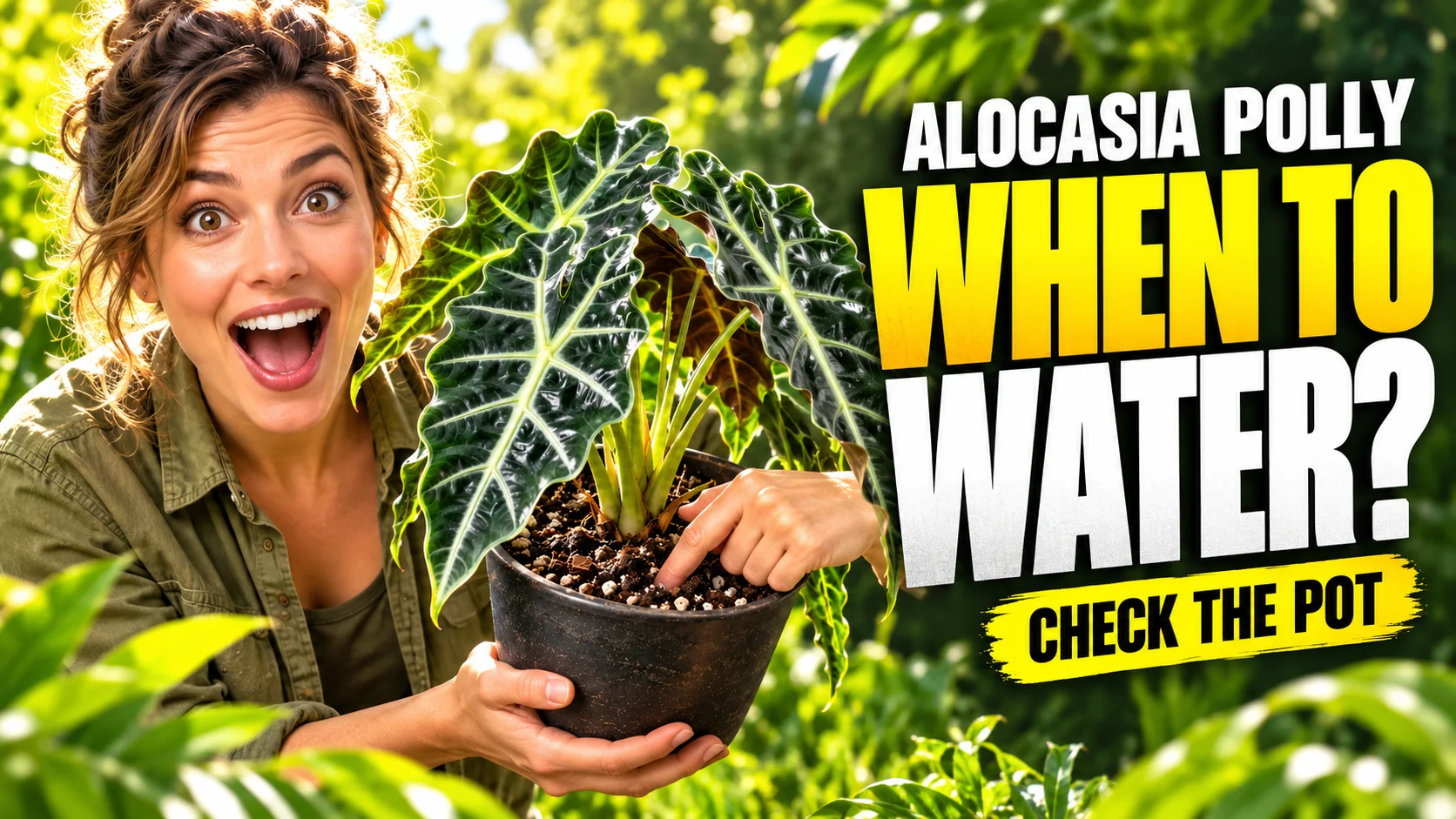 Gardener lifting an Alocasia Polly pot and checking its soil