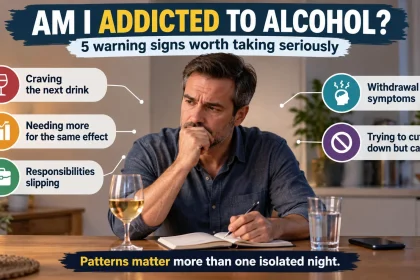 Thoughtful man reviewing his drinking habits at a table beside a wine glass and notebook, with callouts showing craving, tolerance, slipping responsibilities, withdrawal symptoms, and difficulty cutting down.