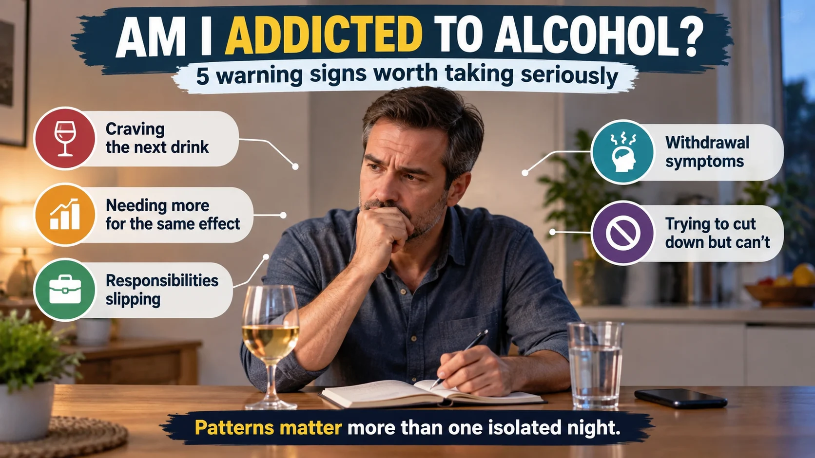Thoughtful man reviewing his drinking habits at a table beside a wine glass and notebook, with callouts showing craving, tolerance, slipping responsibilities, withdrawal symptoms, and difficulty cutting down.