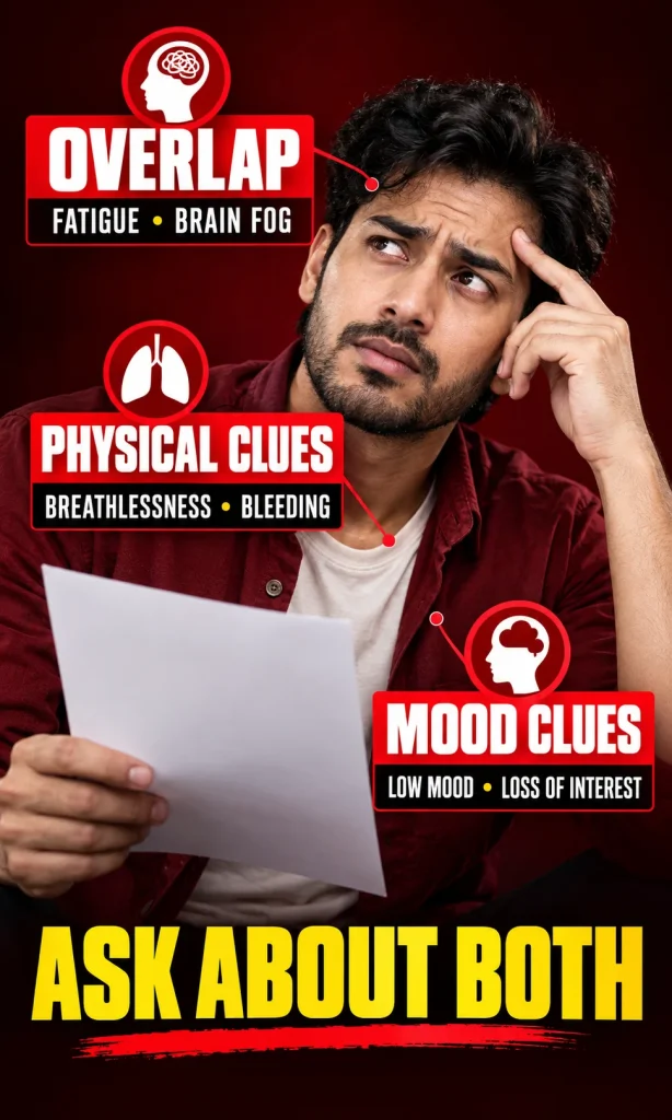 Symptom comparison of fatigue and concentration overlap, breathlessness and blood loss, and persistent low mood.