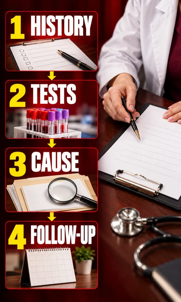 Four-step pathway from symptom history to testing, identifying the cause, and follow-up.