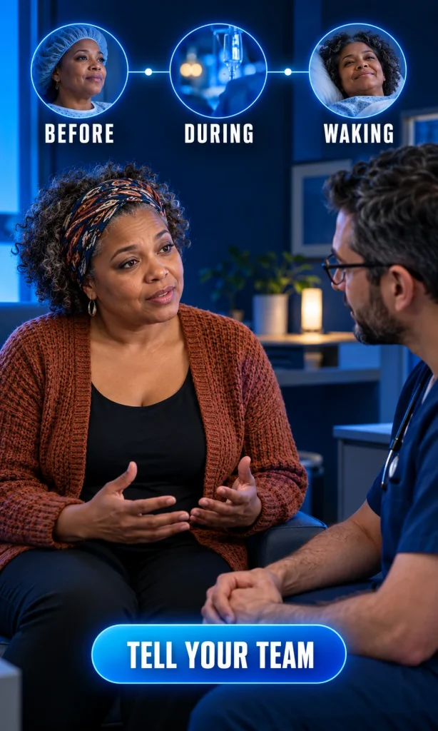 Patient and clinician discussing a memory from around an operation.
