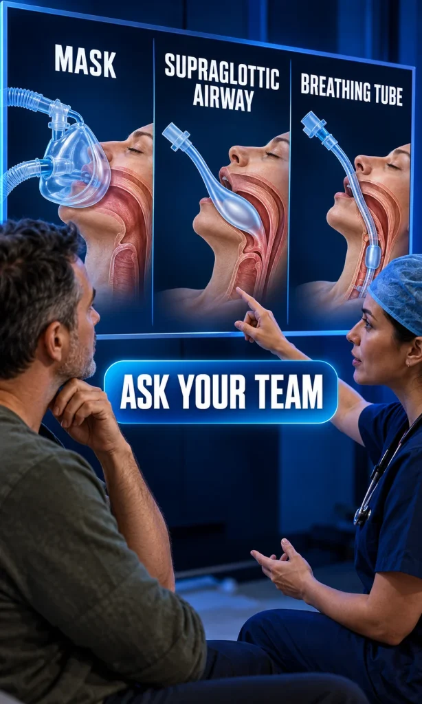 Clinician reviewing several possible breathing support approaches before surgery.