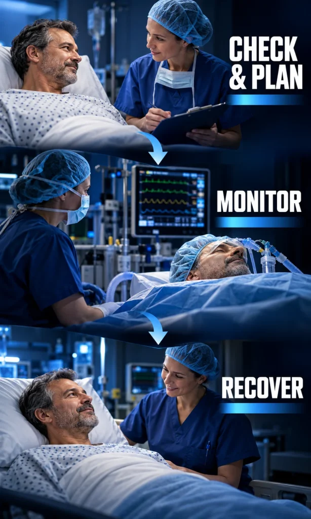 Three stages of general anesthesia care: check and plan, monitor during surgery, and supervise recovery.